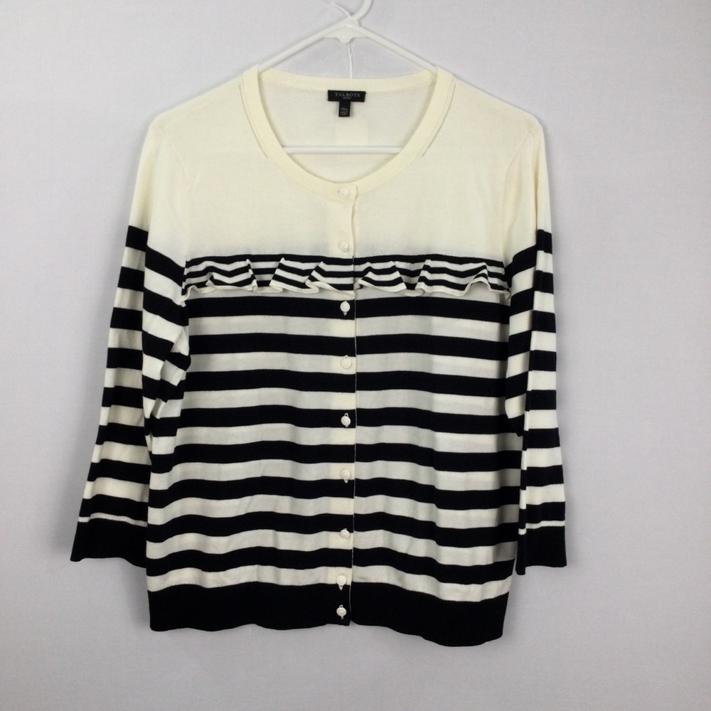 Talbots Charming Cardigan Stripe Ruffle Yoke‎ Sweater womens size XLp